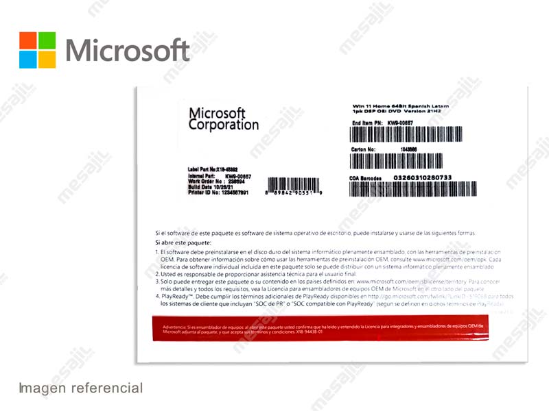 Win 11 Home 64B OEM 1PK Spanish – Fisico (S/DVD) con PC