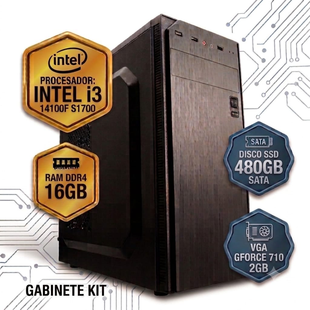 PC ELECTROSOF INTEL I3 14100F S1700 /RAM DDR4 16GB /SSD 480GB SATA /VGA GFORCE 710 2GB /GABINETE KIT