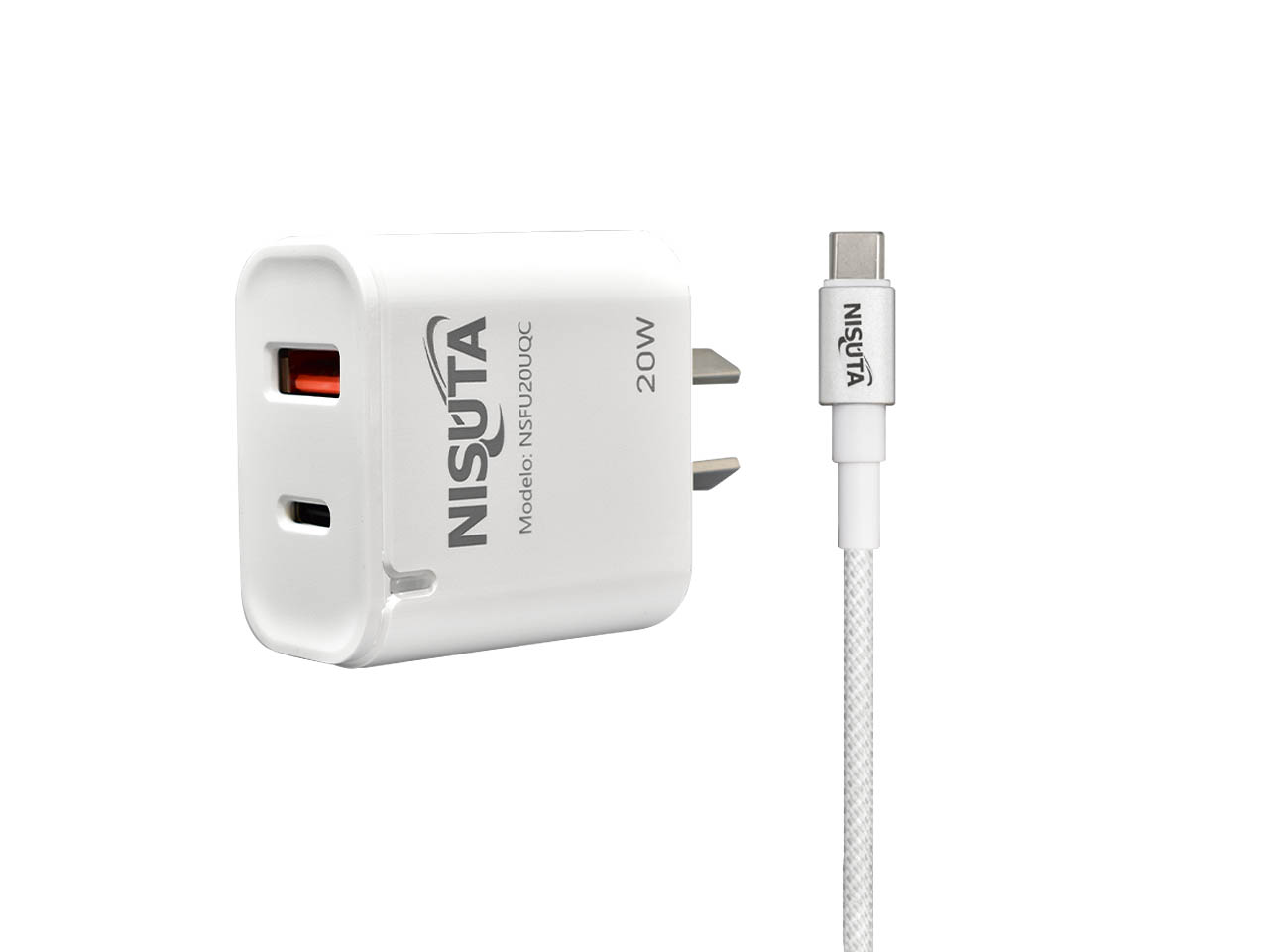 CARGADOR DE CELULAR NISUTA 2 PUERTOS USB-C/USB-A 20W