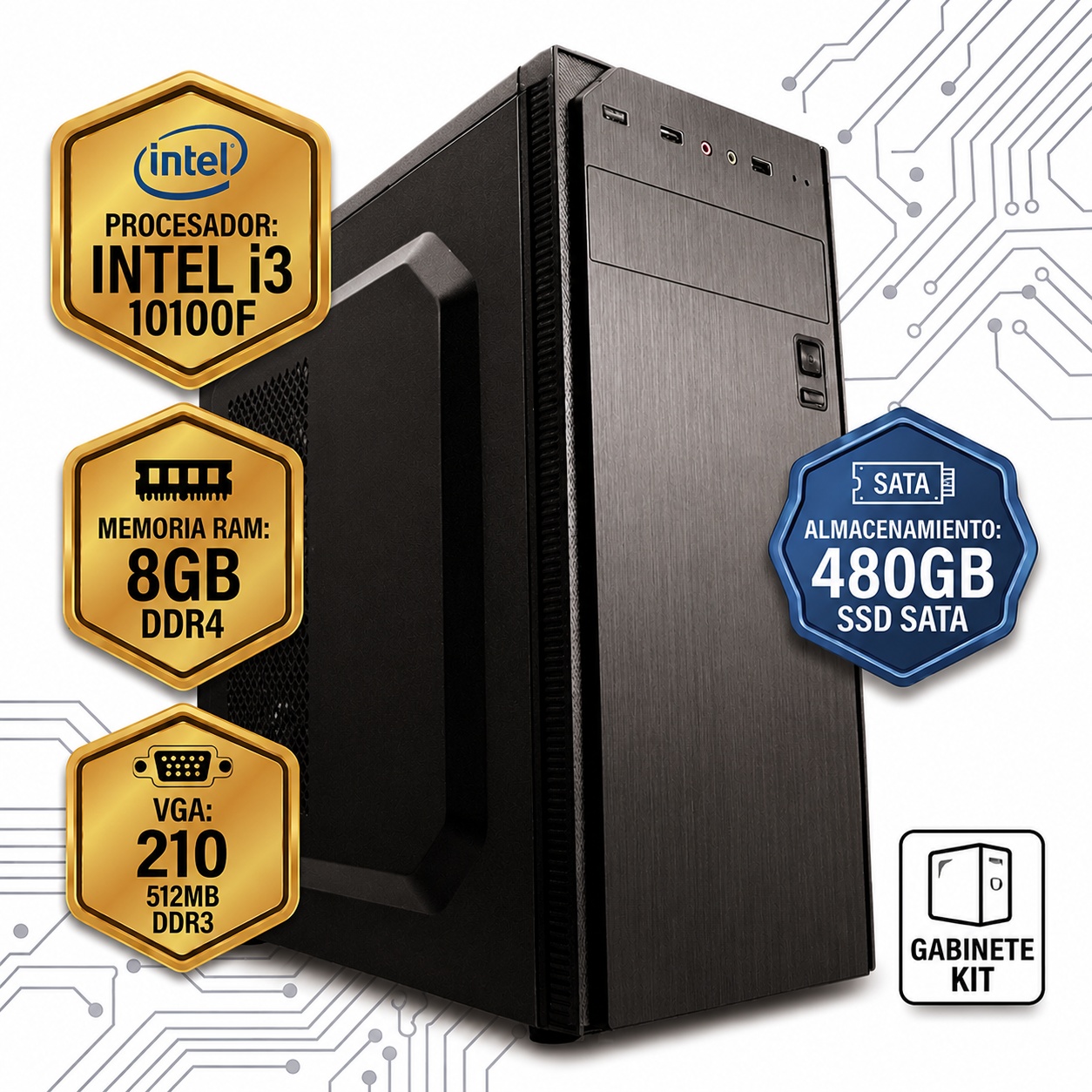 PC ELECTROSOF INTEL I3 10100F /RAM DDR4 8GB /SSD 480GB SATA /VGA 210 512MB DDR3 /GABINETE KIT